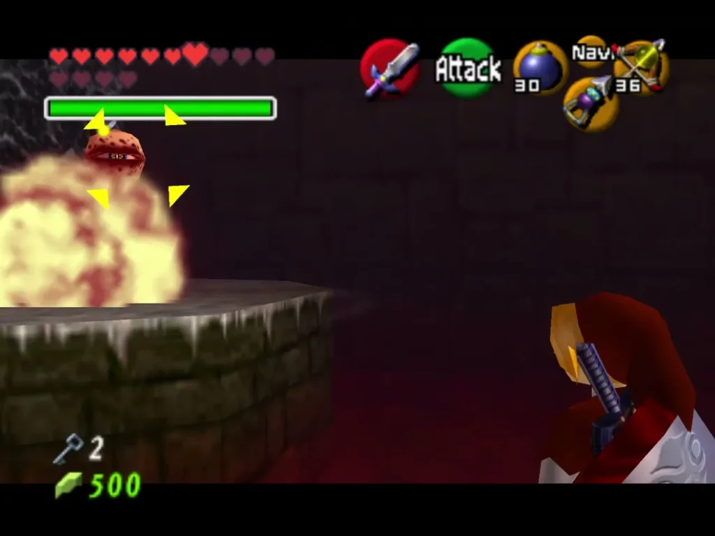 Torch Slug enemy erupting in flame as Link fights it on a stone ledge Torch Slug enemy erupting in flame as Link fights it on a stone ledge