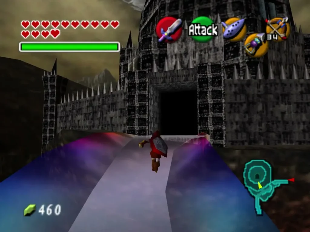 Link on the rainbow bridge approaching the dark entrance to Ganon's Castle tower Link on the rainbow bridge approaching the dark entrance to Ganon's Castle tower