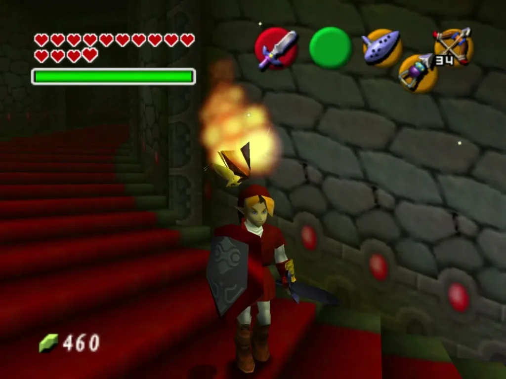 Link climbing red-carpeted stairs in the tower as a burning Fire Keese flies nearby Link climbing red-carpeted stairs in the tower as a burning Fire Keese flies nearby