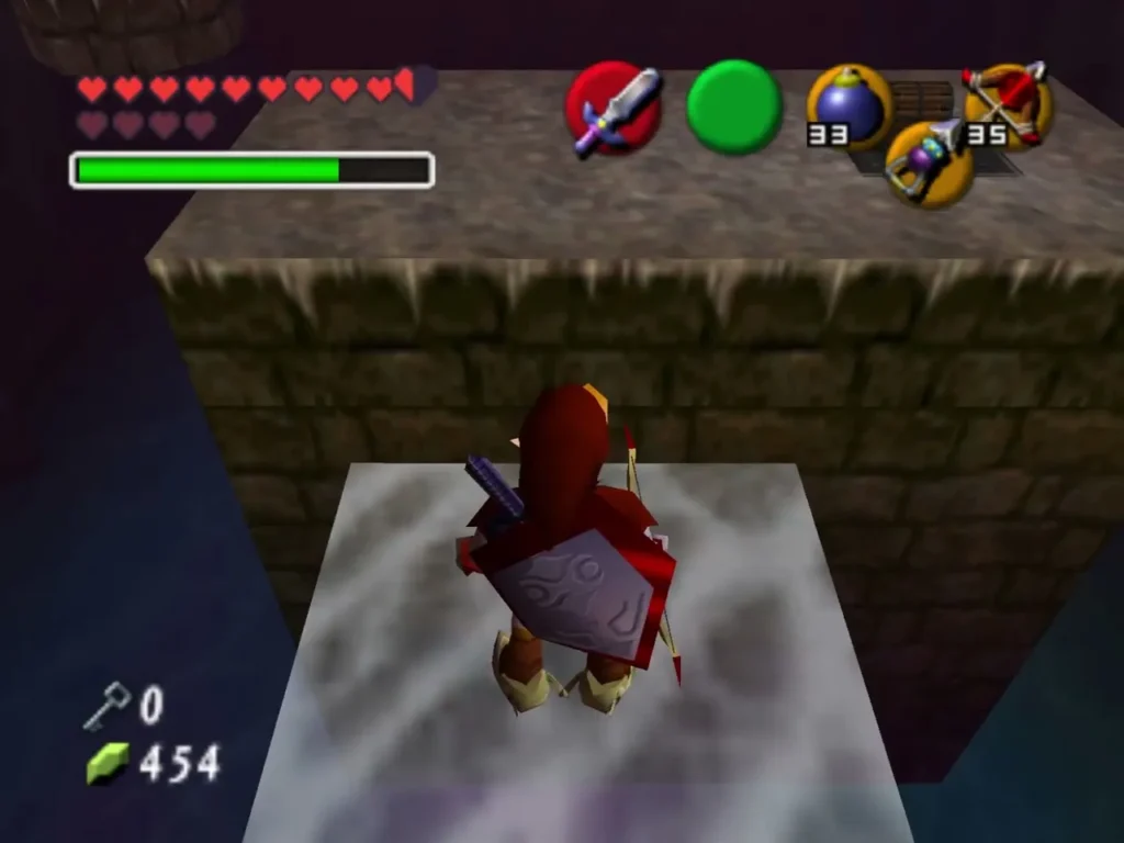 Link standing on the translucent platform that rises after the torch is lit Link standing on the translucent platform that rises after the torch is lit