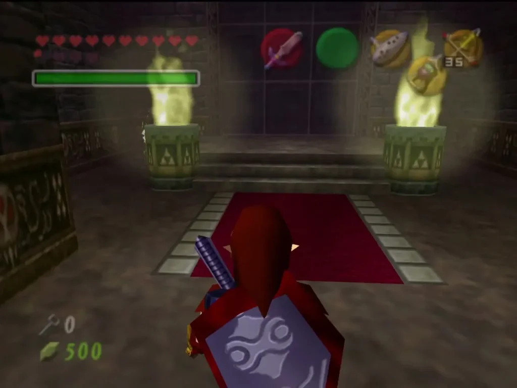 Link on the red carpet between two lit torches in the last room Link on the red carpet between two lit torches in the last room