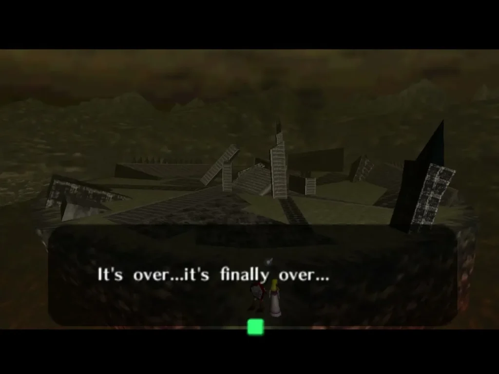 Link and Zelda standing among the rubble as Zelda says it is finally over Link and Zelda standing among the rubble as Zelda says it is finally over