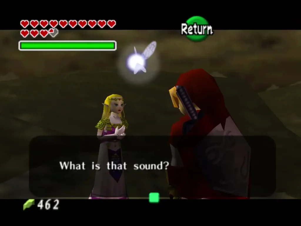 Zelda with a glowing fairy beside Link as she asks what that sound is Zelda with a glowing fairy beside Link as she asks what that sound is