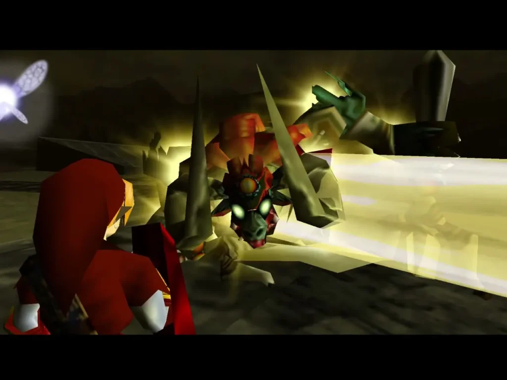 A bright beam of light from Zelda striking Ganon while Link watches from the side A bright beam of light from Zelda striking Ganon while Link watches from the side
