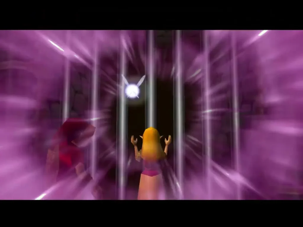 Zelda raising her hands as pink magic opens a barred gate Zelda raising her hands as pink magic opens a barred gate
