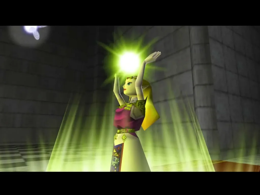 Zelda in the Temple of Time raising a glowing light orb with her arms Zelda in the Temple of Time raising a glowing light orb with her arms
