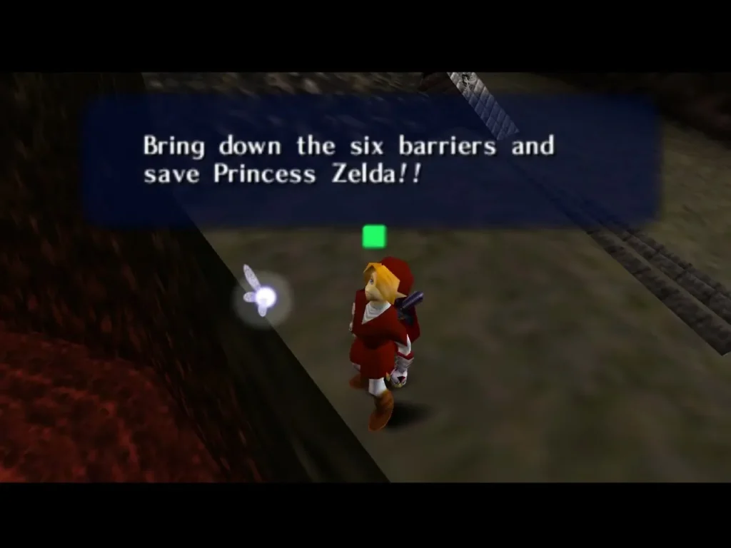 The message "Bring down the six barriers and save Princess Zelda!!" over Link on the lava path The message "Bring down the six barriers and save Princess Zelda!!" over Link on the lava path
