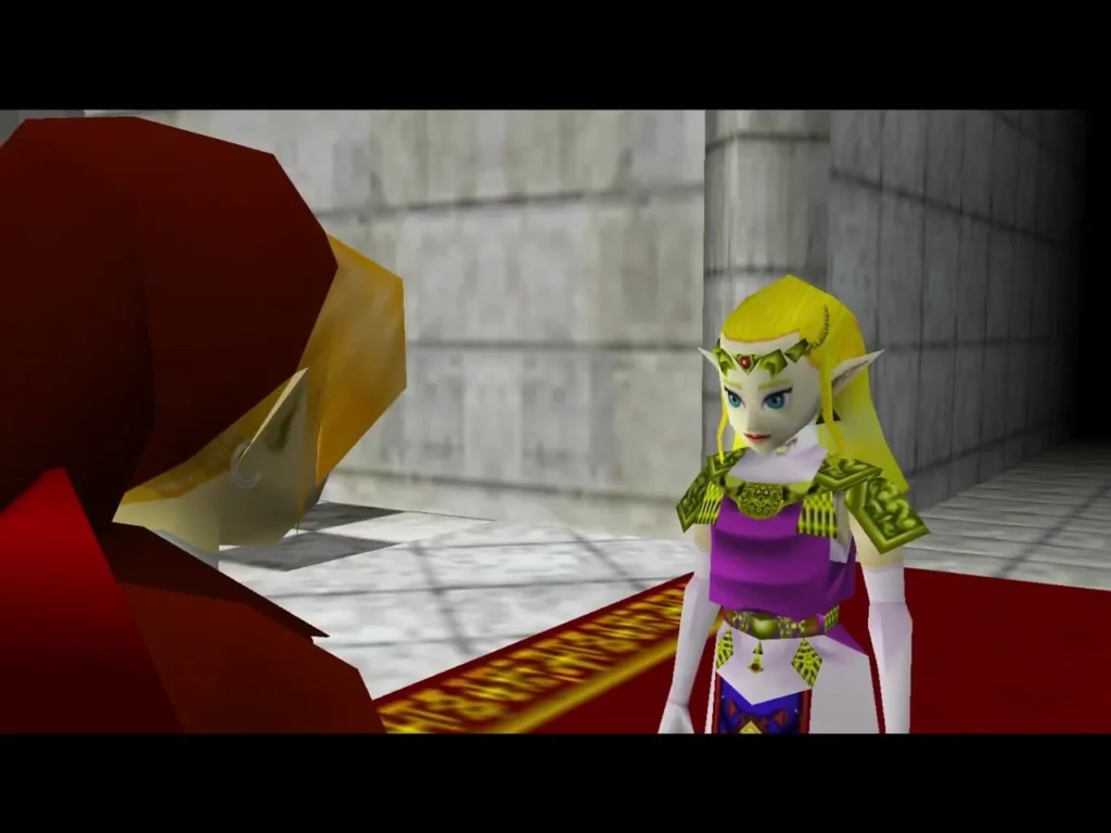 Zelda standing in the Temple of Time beside Link after Sheik drops her disguise Zelda standing in the Temple of Time beside Link after Sheik drops her disguise