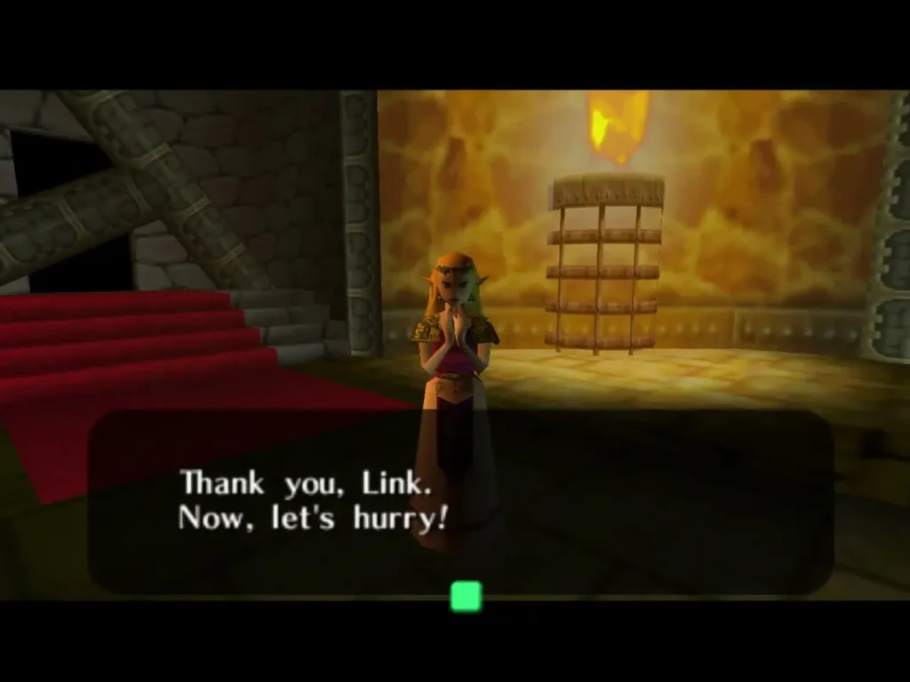 Zelda with her hands clasped beside a fiery gate, saying thanks to Link Zelda with her hands clasped beside a fiery gate, saying thanks to Link