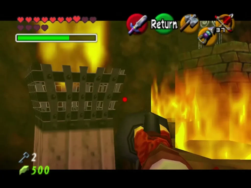 Link aiming a bow at a cage hanging over fire in the lava area Link aiming a bow at a cage hanging over fire in the lava area