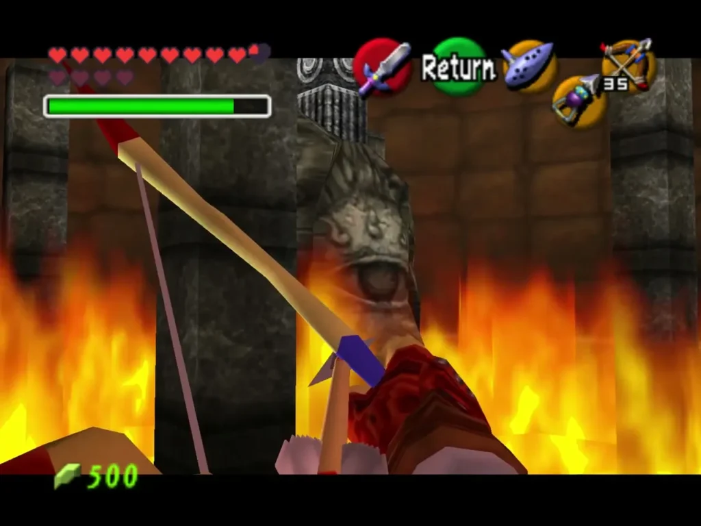 Link aiming his bow at a statue eye with fire burning around the statue Link aiming his bow at a statue eye with fire burning around the statue