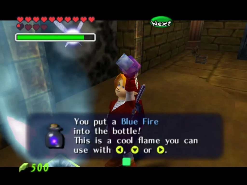 Link holding up a bottle after he fills it with Blue Fire Link holding up a bottle after he fills it with Blue Fire