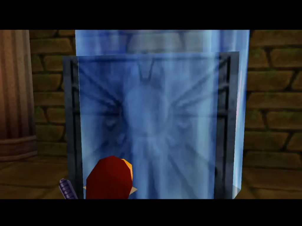 A blue Song of Time block rising in front of Link A blue Song of Time block rising in front of Link