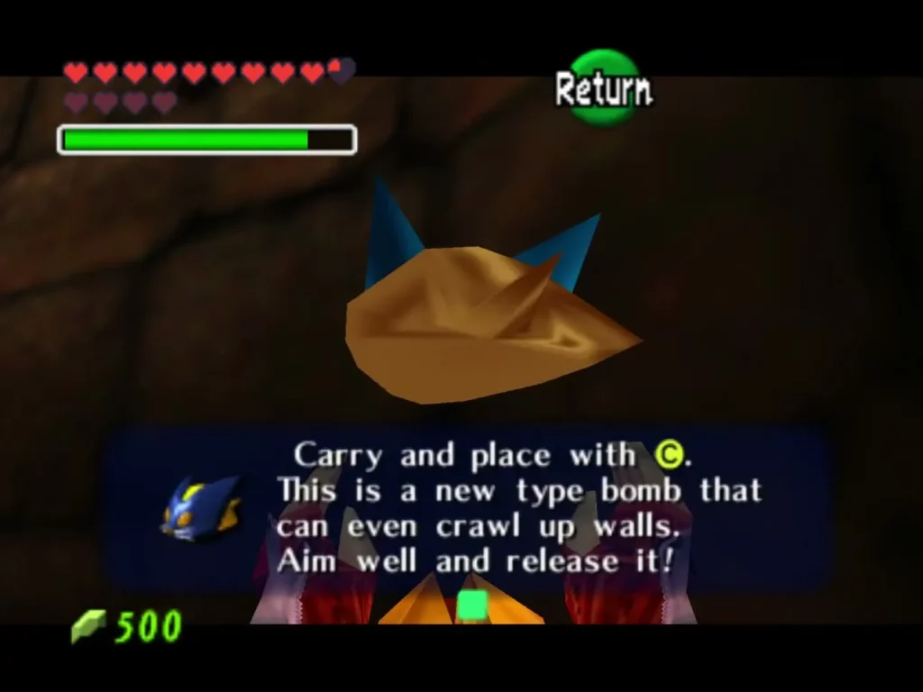 Link holding up Bombchus with the item box describing a bomb that crawls up walls Link holding up Bombchus with the item box describing a bomb that crawls up walls