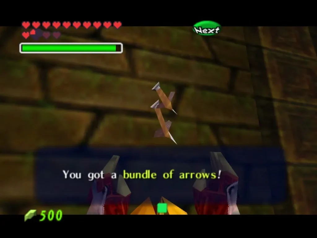 Link holding up a bundle of arrows, the reward from the Iron Knuckle room Link holding up a bundle of arrows, the reward from the Iron Knuckle room