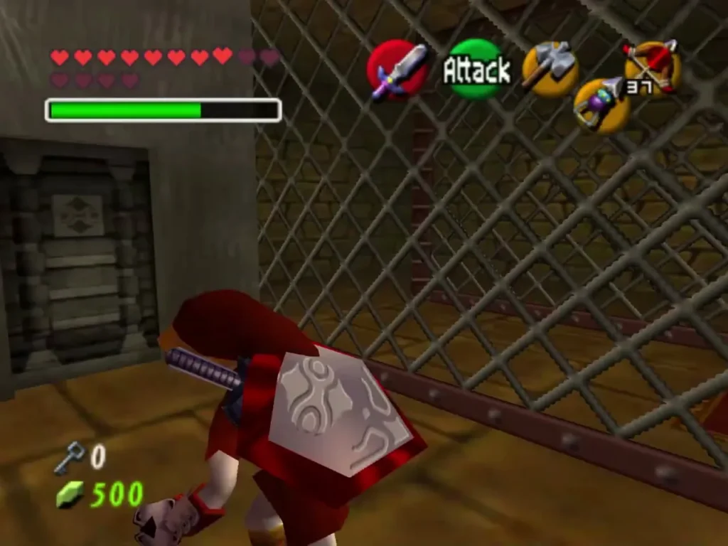 Link walking past a cage wall toward a stone doorway in the maze Link walking past a cage wall toward a stone doorway in the maze