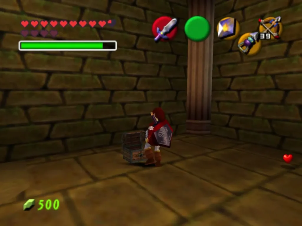 Link beside a treasure chest with a Recovery Heart lying on the floor Link beside a treasure chest with a Recovery Heart lying on the floor