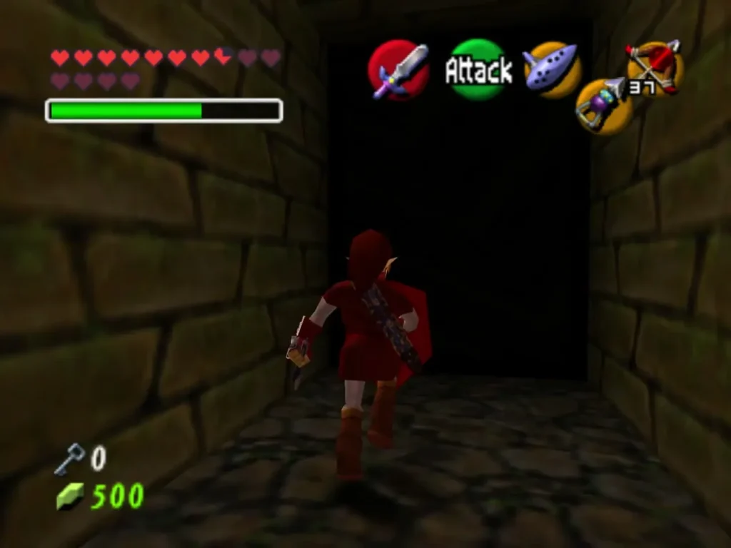 Link walking toward a dark doorway at the end of a stone corridor Link walking toward a dark doorway at the end of a stone corridor