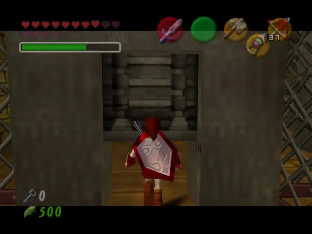 Link entering a stone doorway that opens onto a dark passage beyond the cages Link entering a stone doorway that opens onto a dark passage beyond the cages