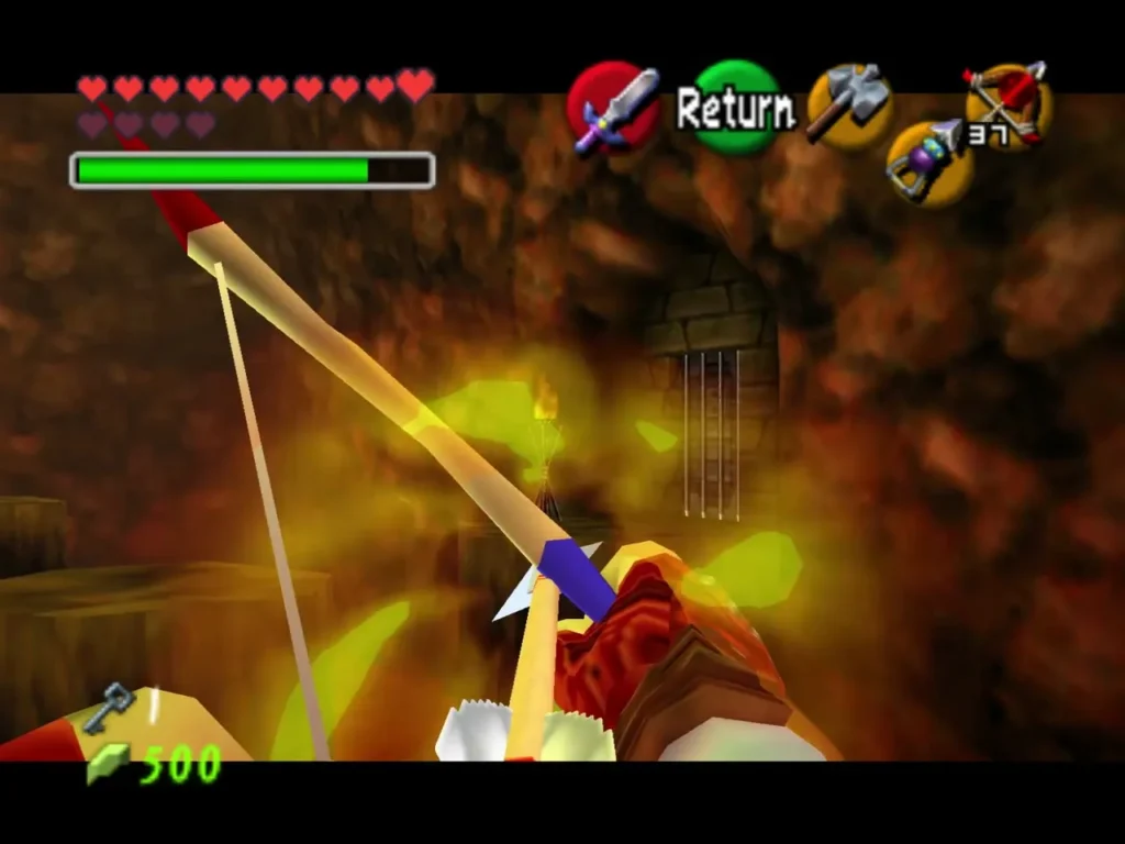 Link aiming a Fire Arrow at a torch in the lava room Link aiming a Fire Arrow at a torch in the lava room