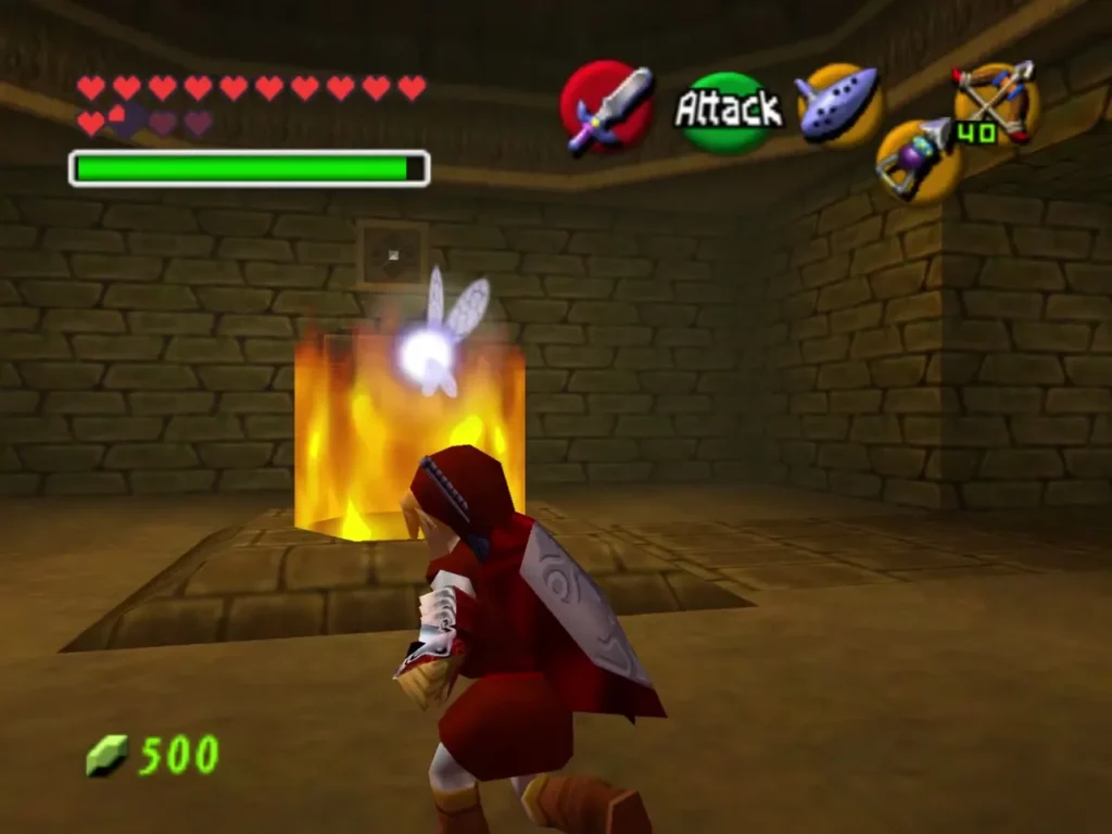 Link standing beside a pillar of fire in a stone room with a fairy above Link standing beside a pillar of fire in a stone room with a fairy above