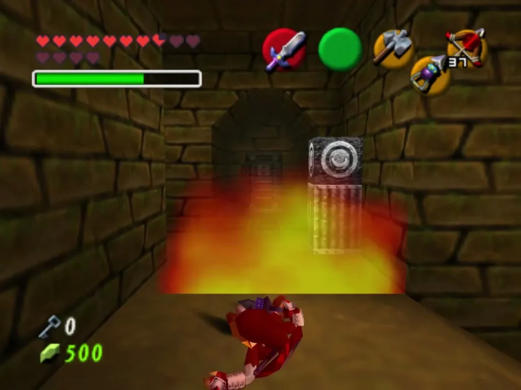 Link facing a wall of fire in a stone corridor, with a carved eye block beyond the flames Link facing a wall of fire in a stone corridor, with a carved eye block beyond the flames