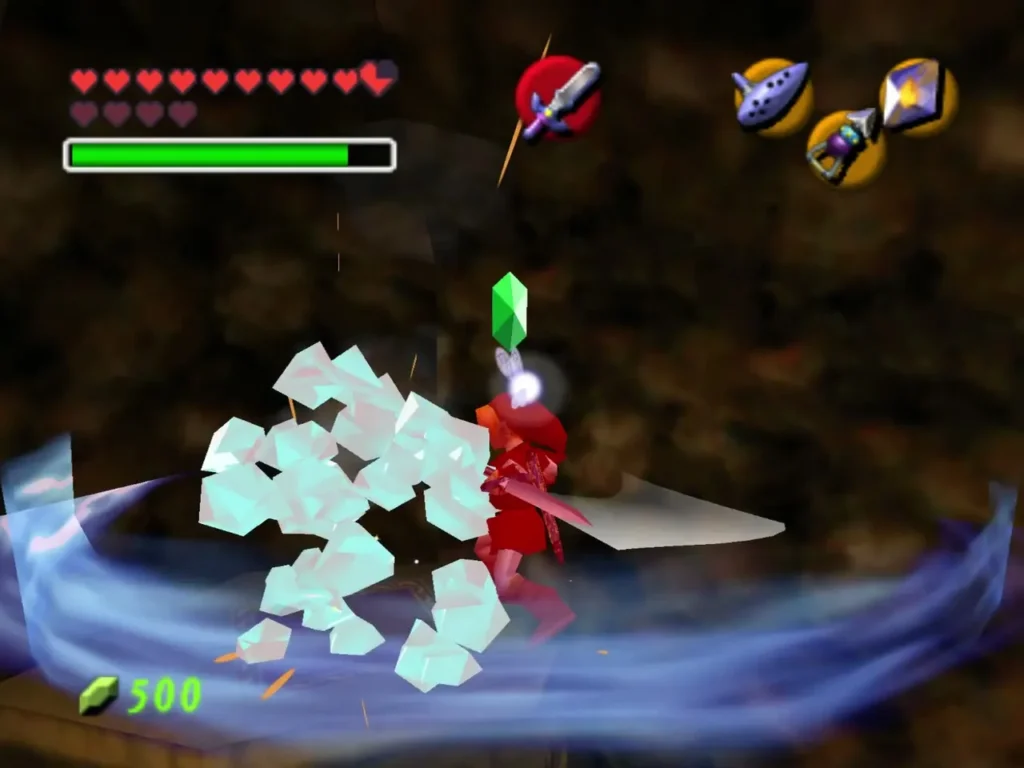 Link striking a Freezard so its ice bursts into shards in the pit room Link striking a Freezard so its ice bursts into shards in the pit room