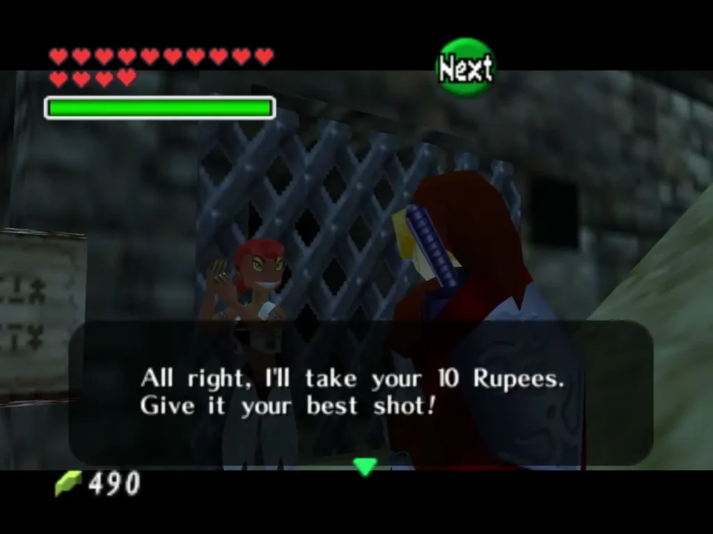 Gerudo at the barred gate taking 10 Rupees for a training ground attempt Gerudo at the barred gate taking 10 Rupees for a training ground attempt