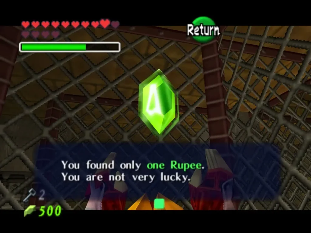 A Green Rupee floating over the chest, with the box reading You found only one Rupee A Green Rupee floating over the chest, with the box reading You found only one Rupee