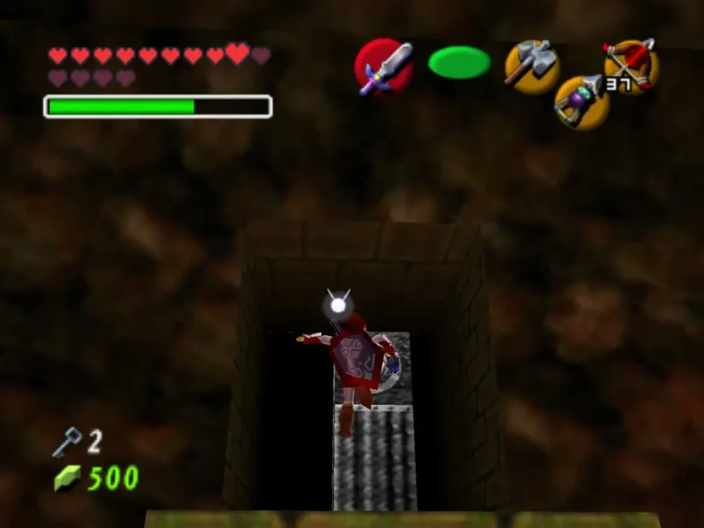 Link standing on a raised stone ledge in a dark passage after using the Longshot Link standing on a raised stone ledge in a dark passage after using the Longshot