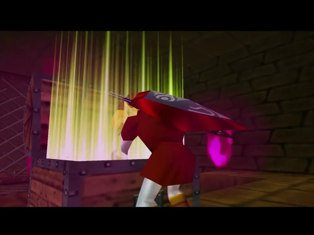 Link opening the chest as a bright green light bursts out Link opening the chest as a bright green light bursts out