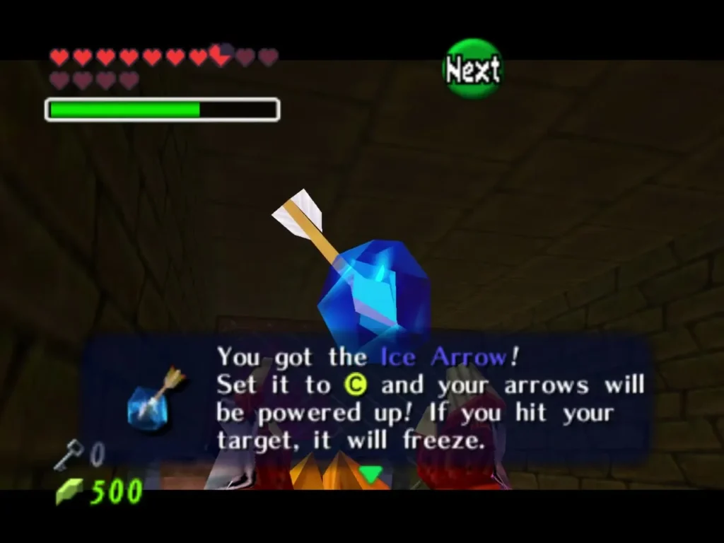 The Ice Arrow held up with its first item box fully shown, naming the Ice Arrow and its C button use The Ice Arrow held up with its first item box fully shown, naming the Ice Arrow and its C button use