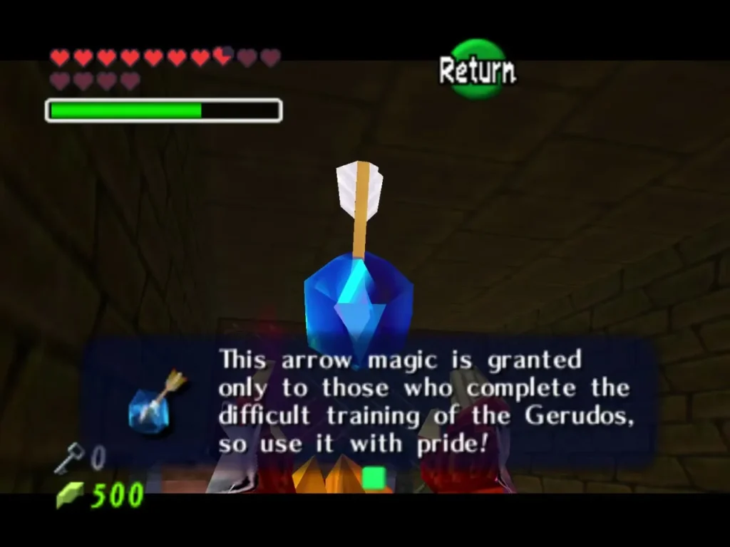 The Ice Arrow held up in the air with its full message about the Gerudo training The Ice Arrow held up in the air with its full message about the Gerudo training