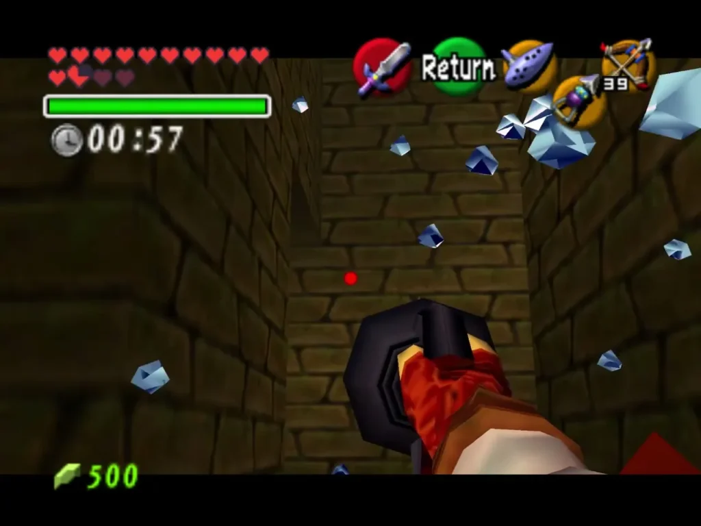Icicle shards scattering around Link in the silver rupee corridor Icicle shards scattering around Link in the silver rupee corridor