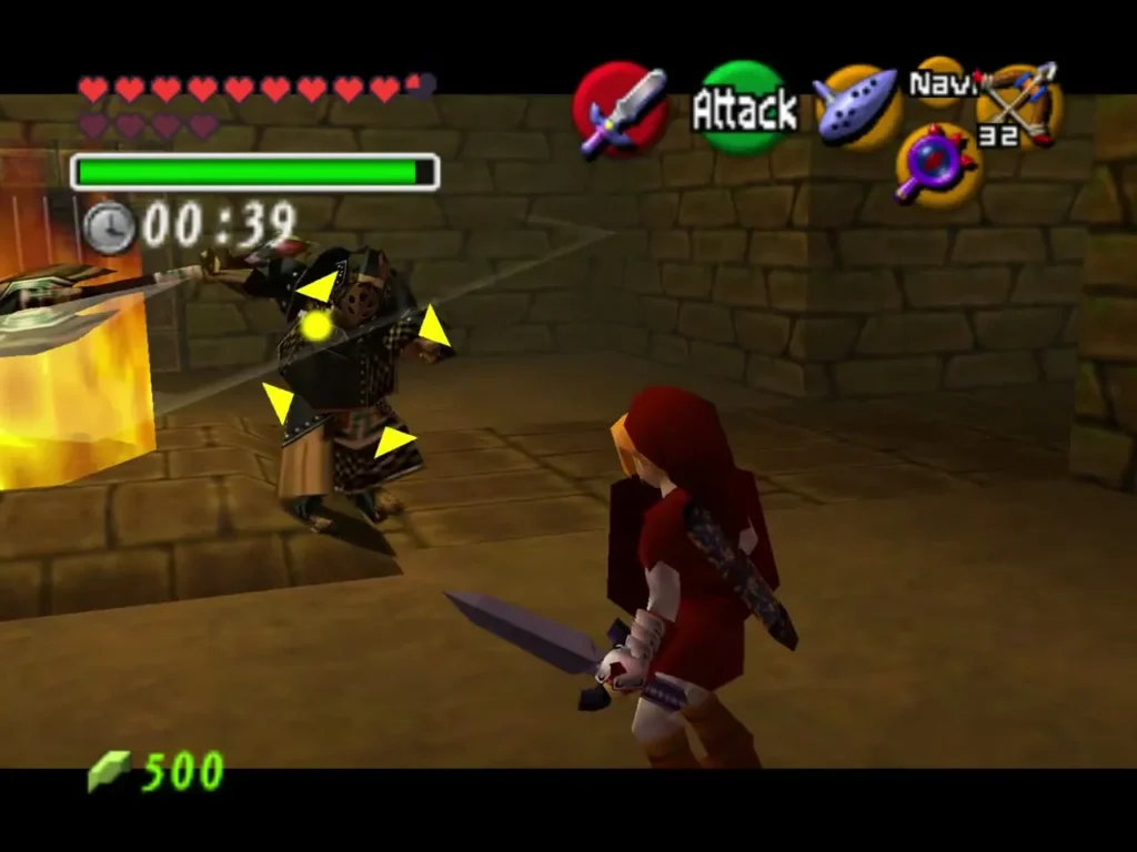 Link fighting an armored Iron Knuckle beside a wall of fire with 39 seconds left Link fighting an armored Iron Knuckle beside a wall of fire with 39 seconds left