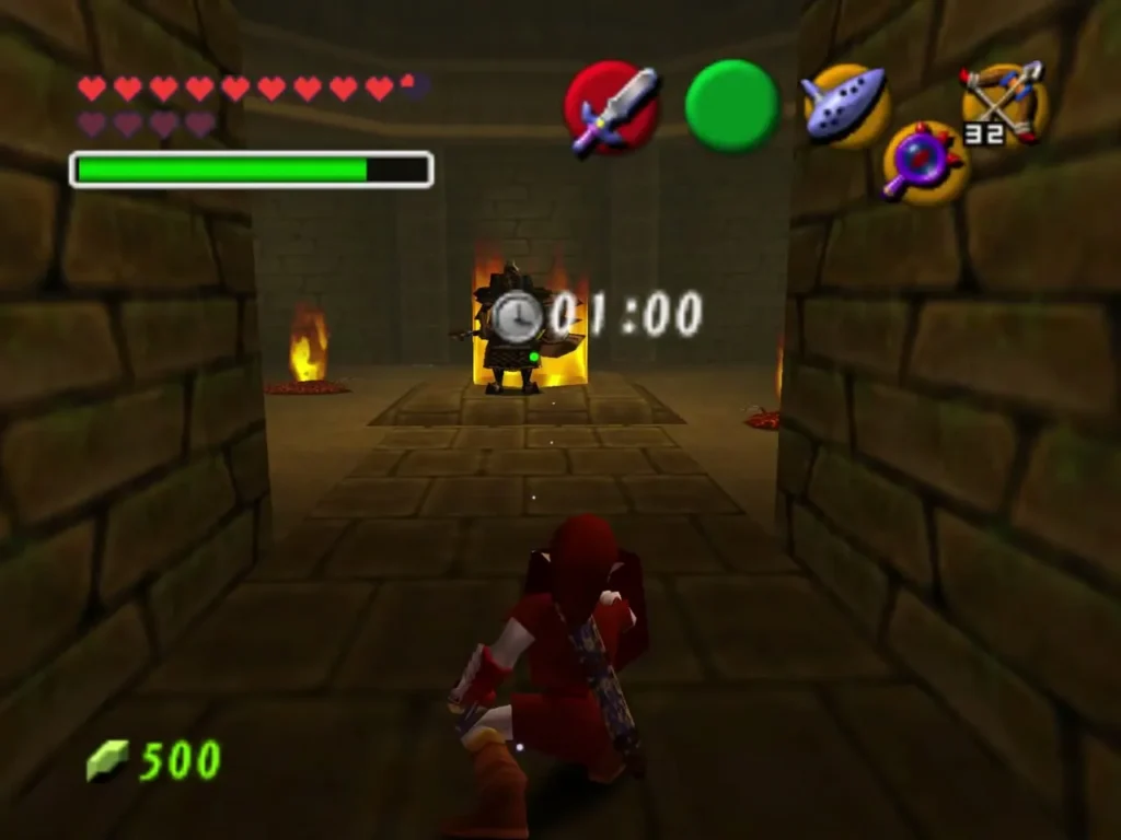 Link running down a stone hall at the start of the one-minute fight Link running down a stone hall at the start of the one-minute fight