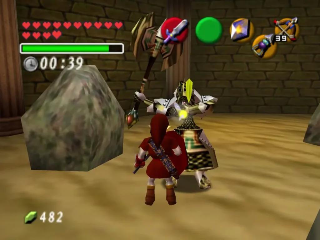 Link fighting an armored Iron Knuckle in the sand room with 39 seconds left Link fighting an armored Iron Knuckle in the sand room with 39 seconds left