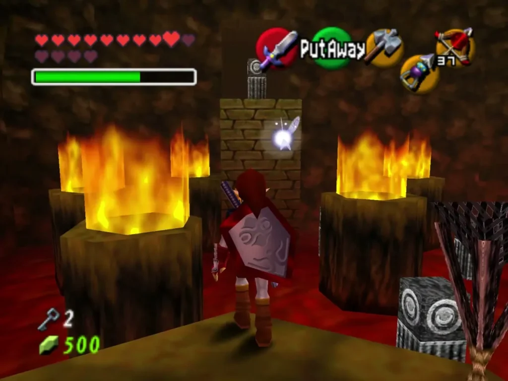 Link standing in the lava hall beside a stone pillar with a fairy glowing above Link standing in the lava hall beside a stone pillar with a fairy glowing above