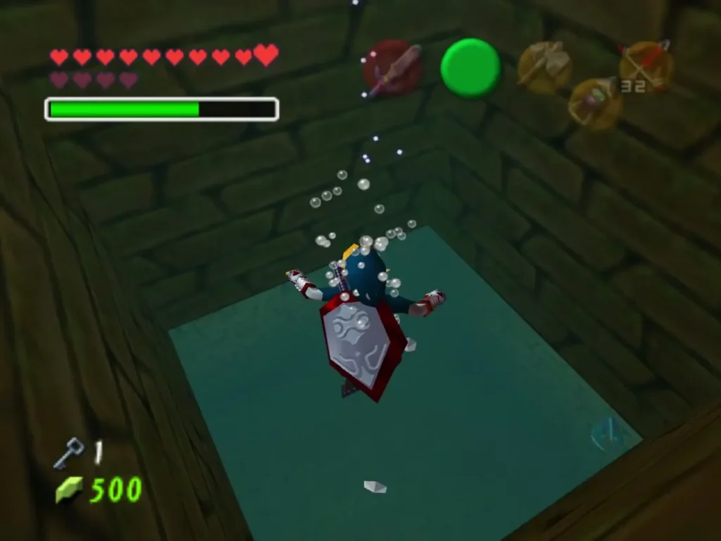 Link diving into the pool with bubbles rising around him Link diving into the pool with bubbles rising around him