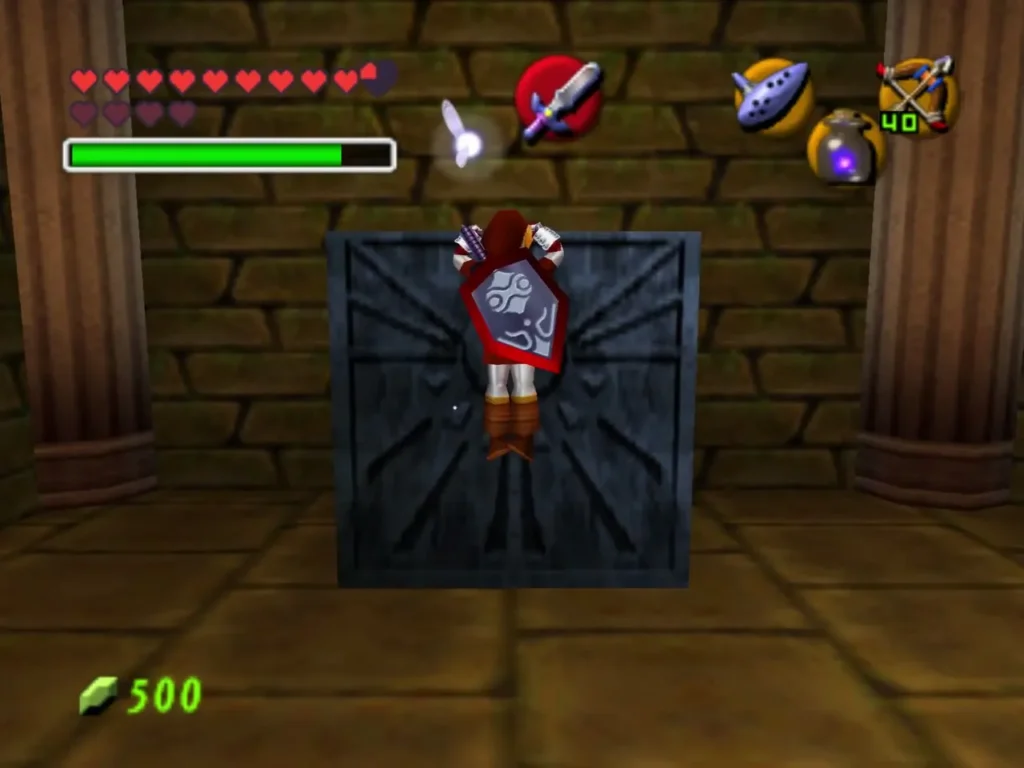 Link standing on a raised stone block after playing the Song of Time Link standing on a raised stone block after playing the Song of Time