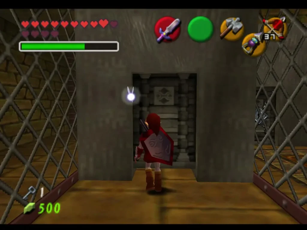 Link walking through the door it just unlocked with a Small Key in the cage maze Link walking through the door it just unlocked with a Small Key in the cage maze