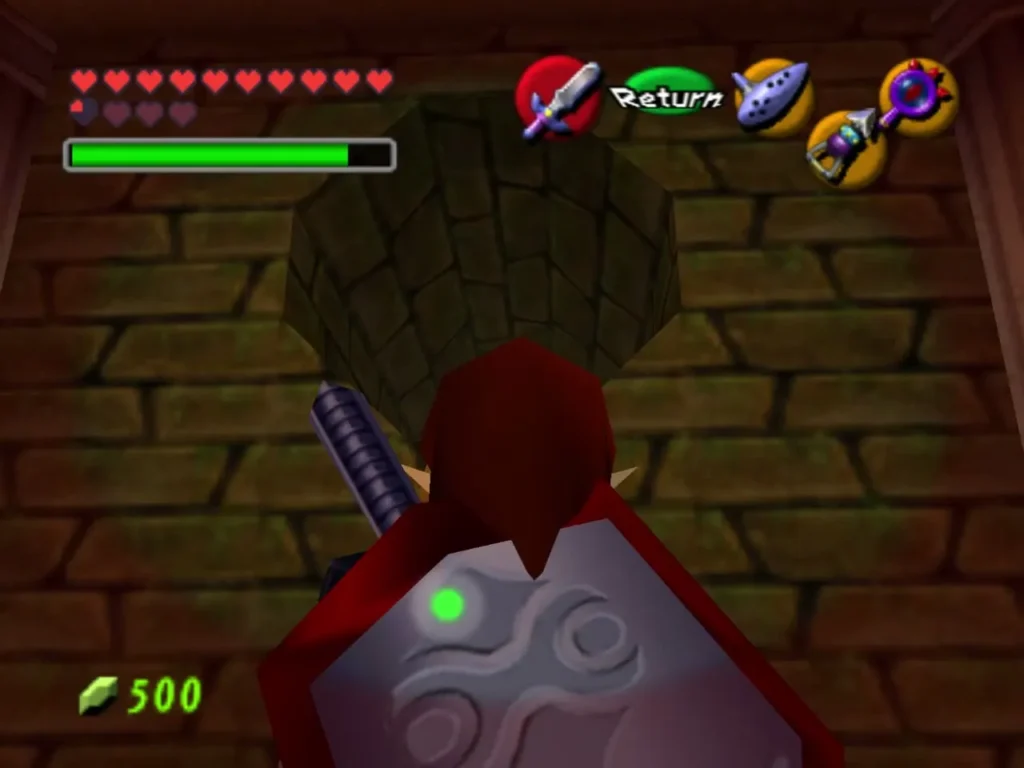 Navi glowing green above Link's shield beside the wall Navi glowing green above Link's shield beside the wall