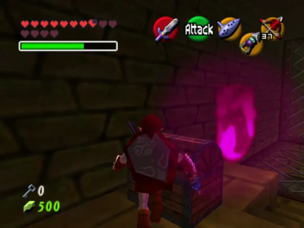 Link beside a chest in a room lit by pink torch flames Link beside a chest in a room lit by pink torch flames