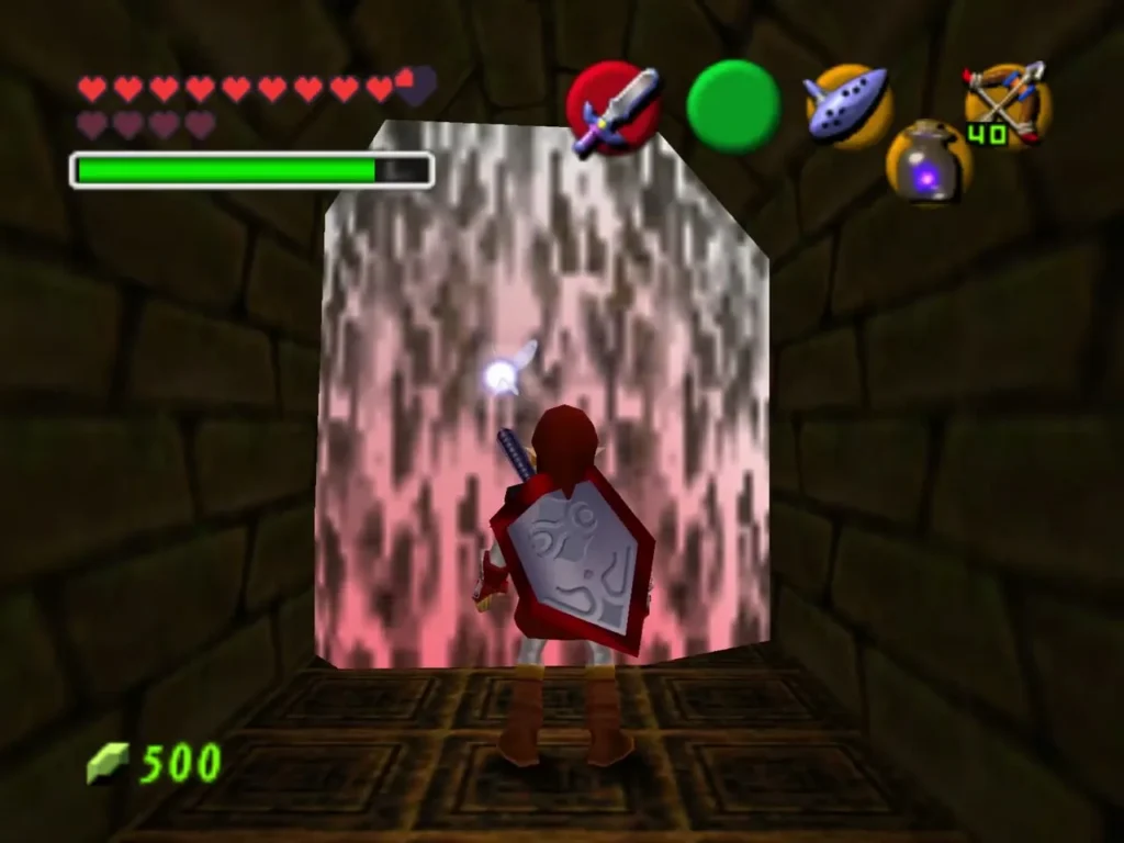 Link facing a pink wall that hides the way forward in the hall Link facing a pink wall that hides the way forward in the hall