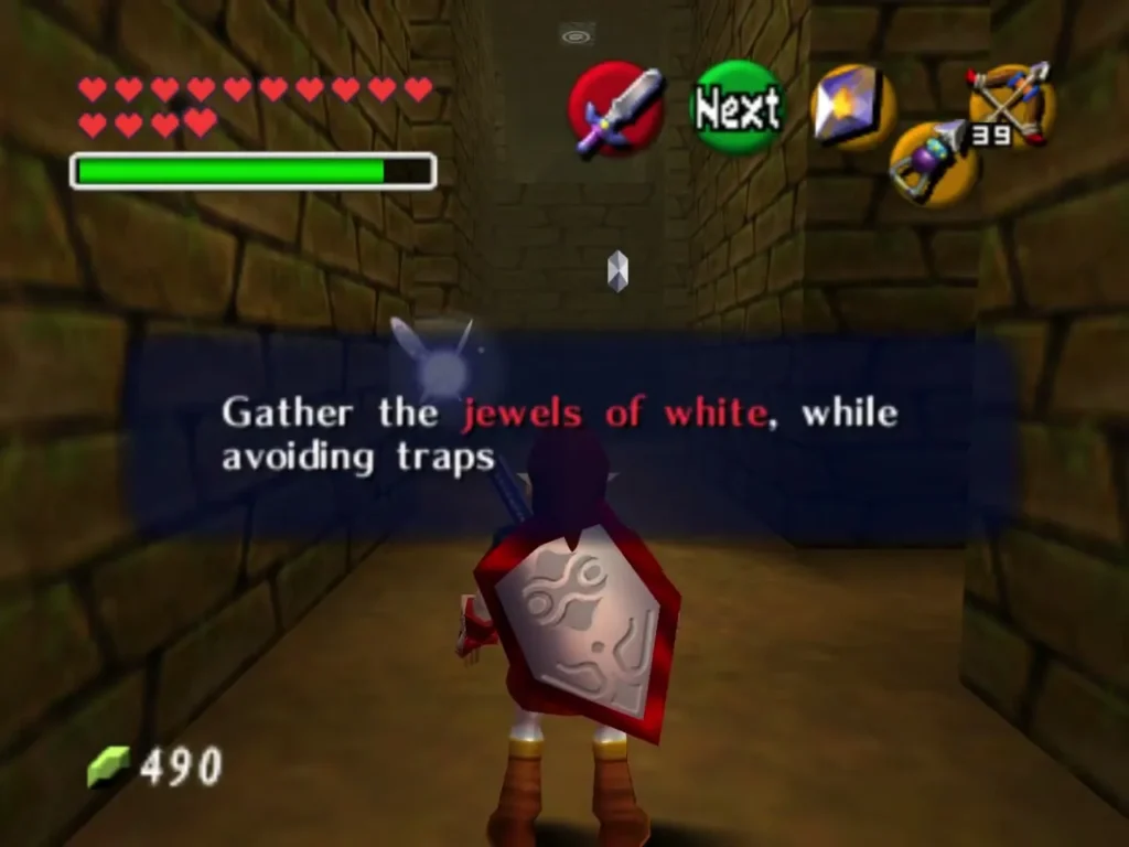 Link in a brick corridor reading the plaque about gathering the jewels of white Link in a brick corridor reading the plaque about gathering the jewels of white