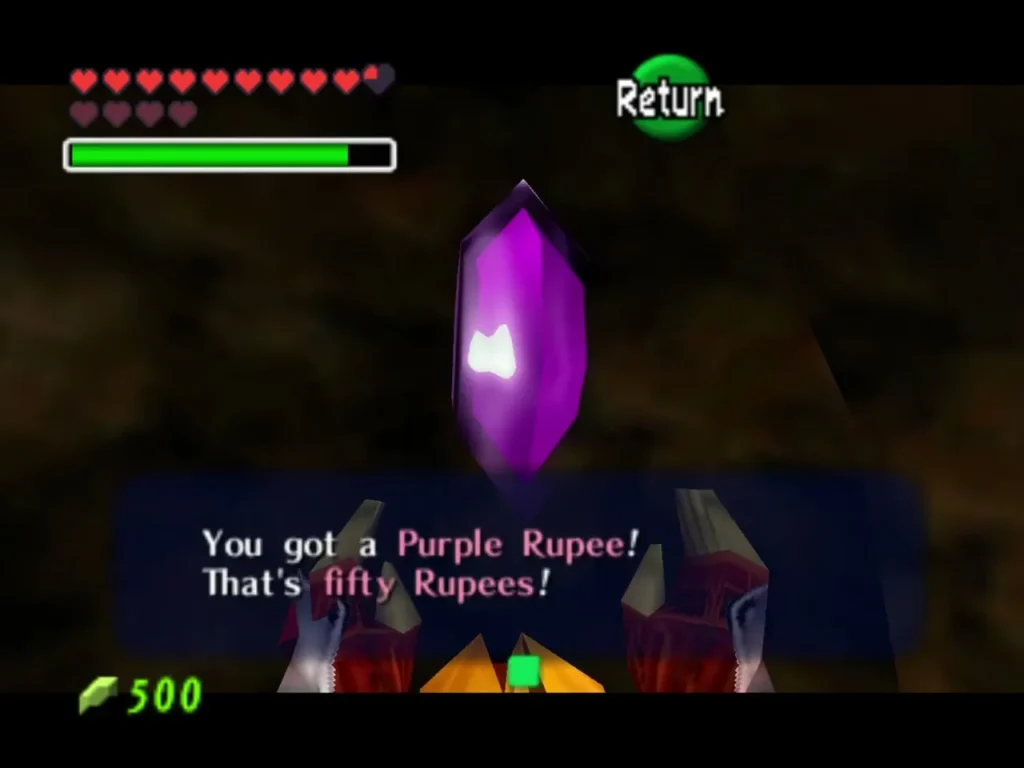Link holding up a Purple Rupee from the chest, worth fifty Rupees Link holding up a Purple Rupee from the chest, worth fifty Rupees