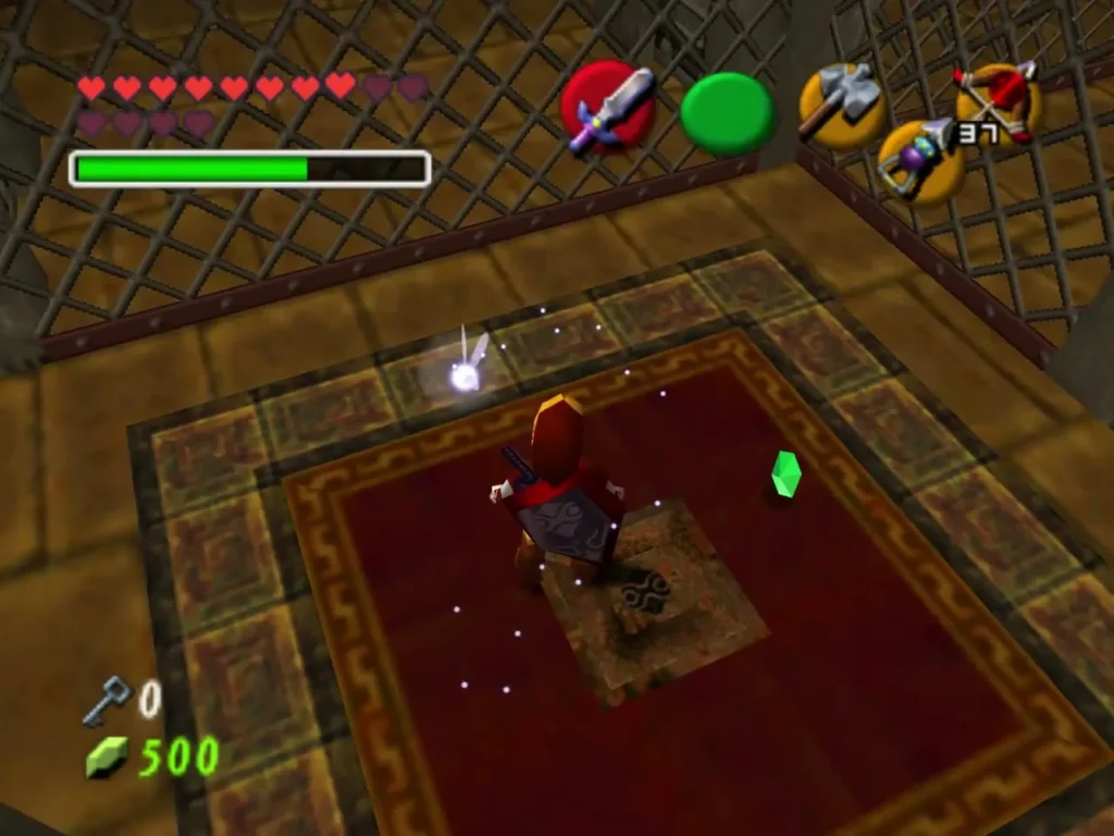 Link on a sun-marked tile in a red-carpeted room walled with cages after using the last keys Link on a sun-marked tile in a red-carpeted room walled with cages after using the last keys