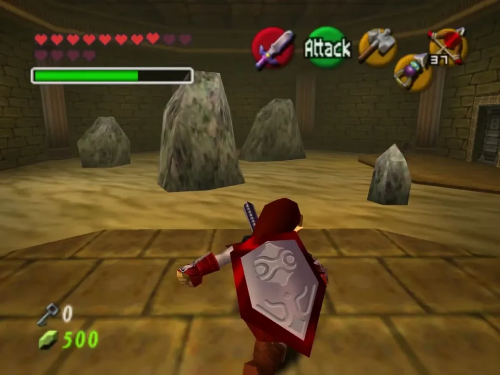 Link crossing a sandy room with stone boulders Link crossing a sandy room with stone boulders
