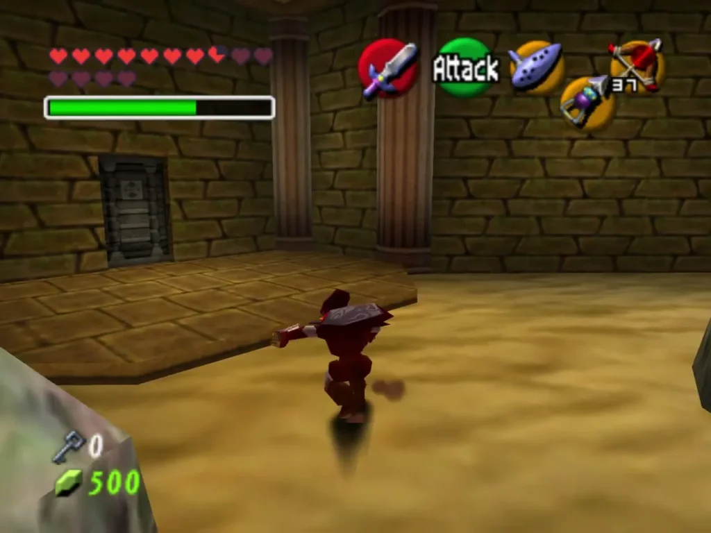 Link walking across a sandy room lit by stone pillars Link walking across a sandy room lit by stone pillars
