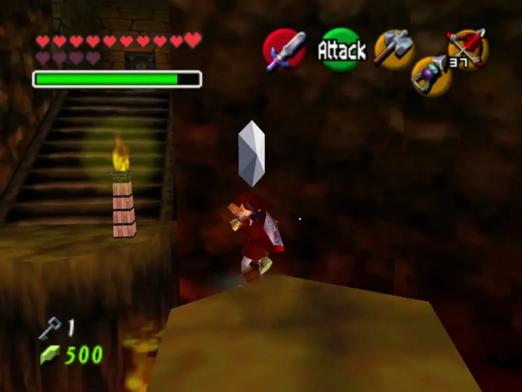 A silver rupee floating above Link as he stands on a stump in the lava room A silver rupee floating above Link as he stands on a stump in the lava room